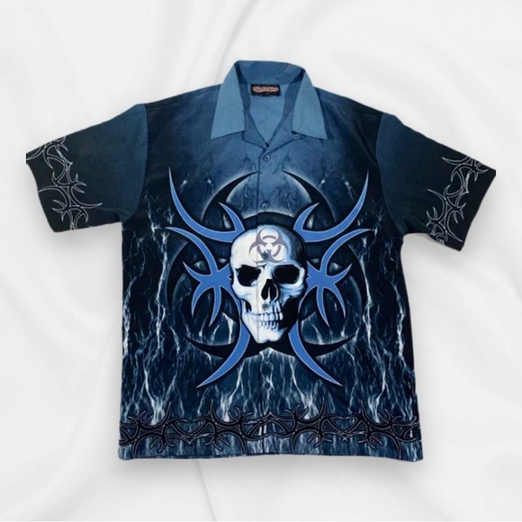 Vintage Sapphire Lounge Alternative Mens Large Blue Button-Up Skull Trib… - Picture 1 of 9